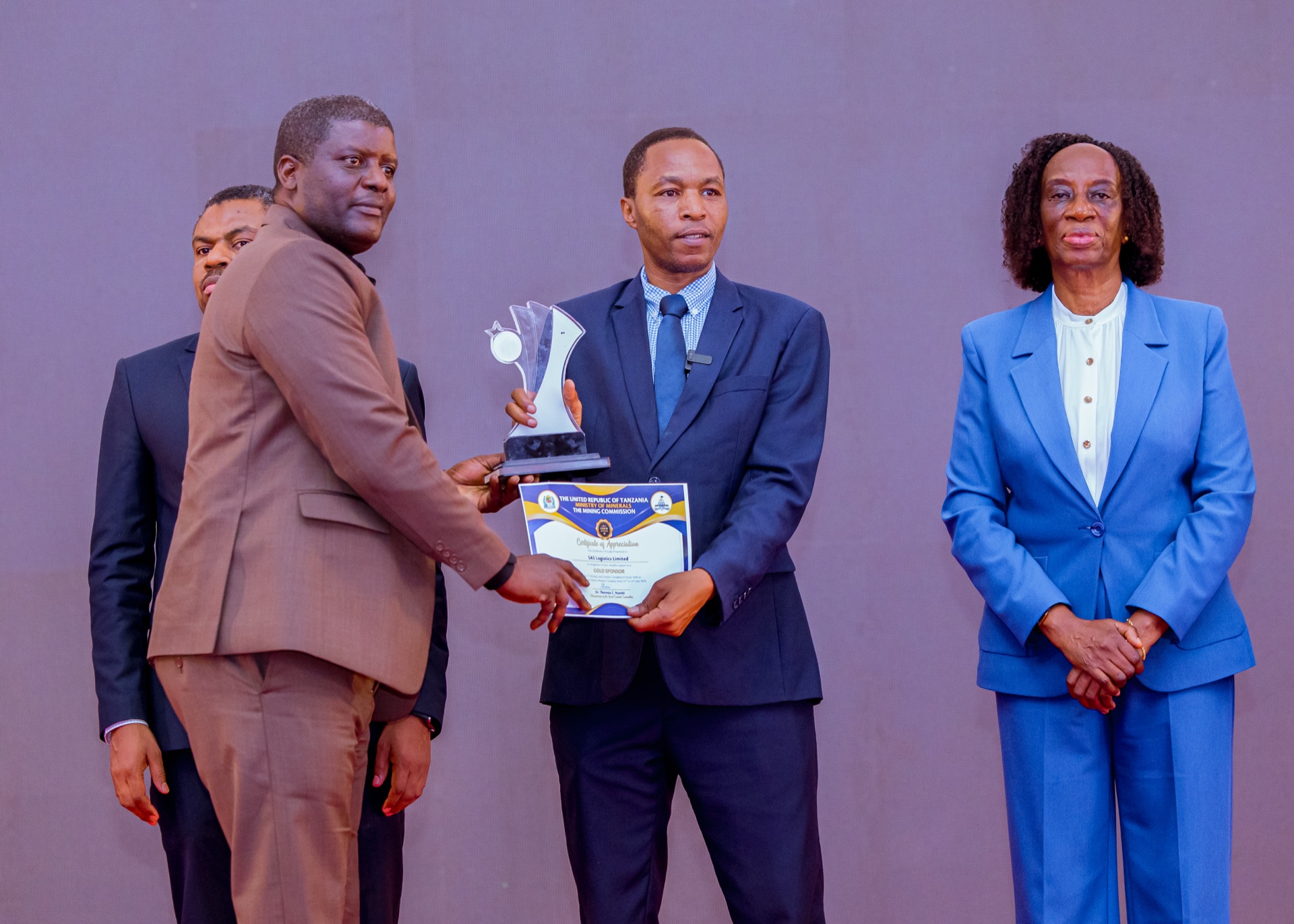 SAS Logistics receiving its Gold Sponsor trophy and certificate at LCCF 2026 in Mwanza, Tanzania